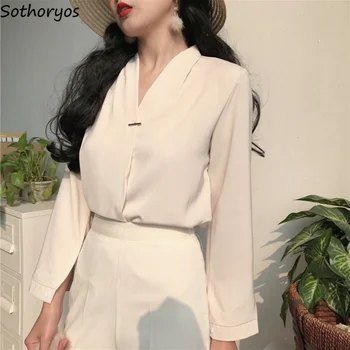 Krekli Sievietēm 2020. Gadam garām Piedurknēm Cietā V-veida Kakla Sieviešu korejiešu Stilā, Vienkāršs, Elegants, Moderns Visas spēles Dāmas Atpūtas Zaudēt Elegantas Blūzes