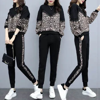 Leopard Tracksuit Sievietes Divas Gabals, Kas Pavasara Rudens Drēbes O-Veida Kakla Džemperis Tops Un Bikses Atpūtas Tērpi Modes Sieviešu Apģērbs