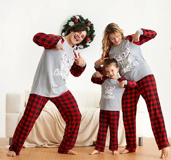 (Matching Ziemassvētku Ģimenei, Pidžamas Komplekts Vēstuli Pleds Drukāt Garām Piedurknēm Topi +Bikses Pidžamas Sieviešu Mamma Bērnam Loungewear Ģimenes Apģērbs