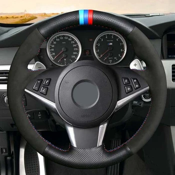 Melnu Īstas Ādas Roku šūtas Auto Stūres Rats Segumu BMW E60 E61 (Touring) 530d E63 2003. - 2010. Gadam E64 2004. - 2010. gadam