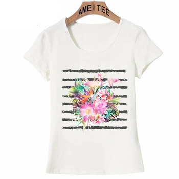 Moderns Tropisko ziedu lapām un flamingo svītras T-krekls Modes Sieviešu T-Krekls Ikdienas Topi Vasaras Tee hipster Sievietes T-Krekls