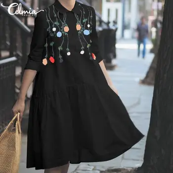 Modes Kleita Ir 2021. Celmia Sievietēm Ar Garām Piedurknēm Vintage Ziedu Iespiesti Krekls Sundress Atloks Pogu Kroku Zaudēt Gadījuma Puse Drēbes 7