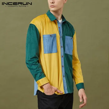 Modes Vīriešu Velveta Raibs Krekls ar garām Piedurknēm, Kabatām Gadījuma Zīmolu Topi Streetwear Atloks Ir 2021. Personības Camisas INCERUN 7