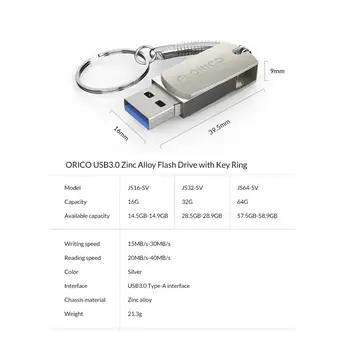 ORICO U Diska, USB Flash Drive 64GB, 32GB 16GB USB3.0 Ierakstiet Interfeisa Zibatmiņas Diskā ar Atslēgu Gredzens Atbalsts Mobilo Telefonu Datoru