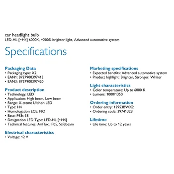 Philips X-treme Ultinon LED H4 9003 HB2 6000K +200% Vairāk Spilgti LED Auto Lukturu Auto High Low Beam Oriģinālās Lampas 12953BWX2,2X