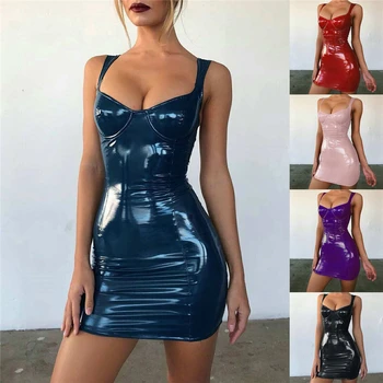 Plus Lieluma Apģērbu, kas paredzēts Sievietēm Sexy tīrtoņa Krāsu PU Low Cut Kleitas Sievietēm bez Piedurknēm Modes Stilīgs V Kakla Sieviete Drēbes S-XXL