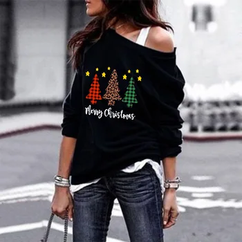 Priecīgus Ziemassvētkus Rudens T-krekls Sievietēm, Topi Gadījuma Ziemsvētki Koks Elk Drukāt Šķībs Apkakli, garām Piedurknēm Brīvs T Dāmas Plus Izmērs S-3XL