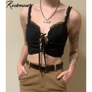 Rockmore Goth Vintage Cami Topiņi Sieviešu Bodycon Pārsējs Mežģīnes Melnais Kamzolis Gothic Streetwear Sexy Sieviete Kultūraugu Top Gadījuma Tee