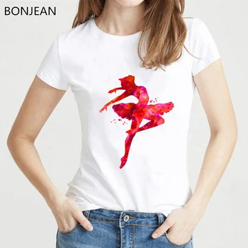 Rozā balerīna iespiests t sievietēm Baleta Deju mākslas tee kreklu femme vasaras harajuku kawaii drēbes balts t krekls piliens kuģniecība