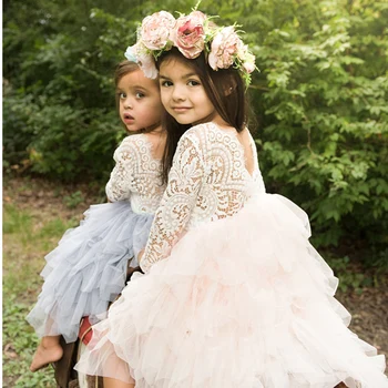 Rudens ar garām Piedurknēm Meitenei Kleita Mežģīņu Ziedu 2020. Gadam Backless Pludmales Kleitas Baltā Bērniem, Kāzu Princess Puse Grezna Meitene Drēbes, 8T