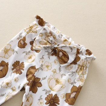 Rudens Baby Meiteņu Apģērbu Komplekti 3pcs Adīt Ruffles garām Piedurknēm Romper Topi Ziedu Bikses Galvas stīpa 0-24M