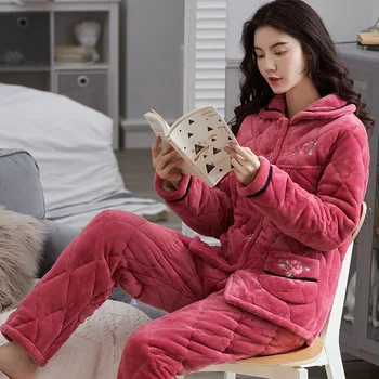 Rudens Ziemas Sievietes Flaneļa Pidžamas Komplekts Cieto Sabiezējumu Silts Naktsveļu Garām Piedurknēm Bikses Plus Vilnas Sleepwear Mājas Apģērba