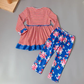Sarkanas svītras ar garām piedurknēm kleita un zilu ziedu bikses kopa Savirmot Izšūšanas Rozā Svītru Bērnu Apģērbs Meitenēm Komplekti