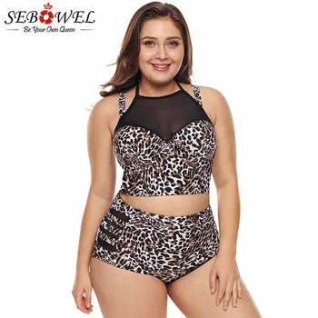 SEBOWEL Leopard Print Plus Lieluma Bikini Komplekts 2019. Gada Vasarā Sievietēm Augsta Vidukļa Tankini Peldkostīmi Push Up Divas Gabals Peldkostīmu peldkostīms