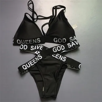 Seksīgi bikini, Sieviešu Peldkostīmi Krūšturis God Save Karalienes Vēstules Drukāt Beachsuit Bikini komplekts 2018 Pārsējs Trīsstūris Peldkostīmu Melns peldkostīms