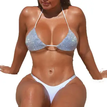 Sexy Sievietes 2020. Gada Vasaras Pērle Patched Peldkostīmi Bikini Komplekts Krūšturis Tie Pusē, G-String Thong Beach Trīsstūris Uzvalks Peldkostīmu Peldkostīms