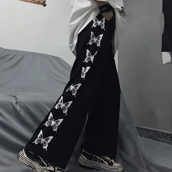 Sieviešu Plaša Kāju Bikses Vintage Tauriņu Sieviešu Bikses Elastīgs Augsta Vidukļa Biksēm Gadījuma Sieviešu Korejas Taisnas Bikses Meiteņu Bikses