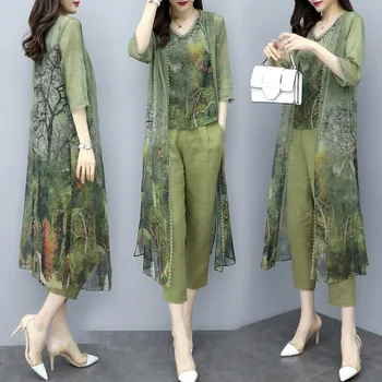 Sieviešu Tērps Ir 2021. Pavasara Vasaras Boho Iespiesti Elegants Vintage Pantsuit Trīs Gabals Bikses Komplekts Sievietēm Gadījuma Šiks Apģērbu Plus Lieluma