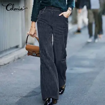 Sieviešu Velveta Bikses Celmia Ir 2021. Ziemas Vintage Tīrtoņa Krāsas Bikses Modes Augsts Viduklis Plats Kāju Ilgi Pantalon Femme Vaļīgas Bikses