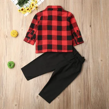 Toddler Puika Pleds Krekls ar garām Piedurknēm Topi +Bikses 2gab Tērpi Bērniem Džentlmenis Formālās Drēbes, Izmēri 2-6Y