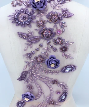 Trīsdimensiju gaiši violetu mežģīņu aplikācijas ar handsewing krelles rhinestones plāksteri 72*17cm balles kleitu aksesuārs