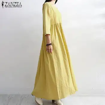 Vintage Cietā Kleita Sieviešu Raibs Sundress ir 2021. ZANZEA Gadījuma garām Piedurknēm Kokvilnas Maxi Vestidos Sieviešu Rudens Drēbes 5XL