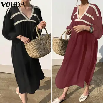 Vintage Kleita Sieviešu V Kakla Ilgi Laternu Piedurknēm Puse Svītraina Kleita Brīvdienu Bohēmijas Vestidos 2021. Gada Vasarā Ilgi Drēbes Plus Izmēra