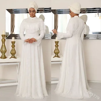 Wepbel Balto Sieviešu Musulmaņu Kleita Plus Lieluma Cietā Slim Fit Abaya Mežģīnes Augsta Vidukļa O-veida kakla Lielās Šūpoles, turku Drēbes Caftan Kimono