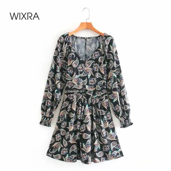 Wixra Vintage Kleitas, Sieviešu V Kakla Impērijas Pilnu Piedurknēm Street Wear Ziedu Drukāt Apģērbs Pavasara Vasaras
