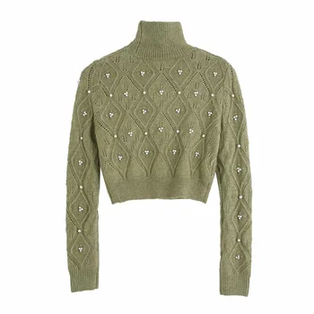 Za Džemperi Sievietēm 2020. Gadam, Modes Faux Pērle Džemperi Seksīgu Augsta Kakla Džemperis Sievietēm Apgriezts Trikotāžas Džemperis Crop Topi