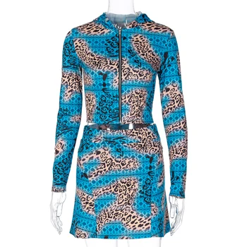 Zila Leopards Drukāt Matching Svārki Uzstādīt Vintage Zipped Jaciņa Apgriezta, Topi un Mini Svārki Rudens Gadījuma Streetwear 2 Gabals, kas