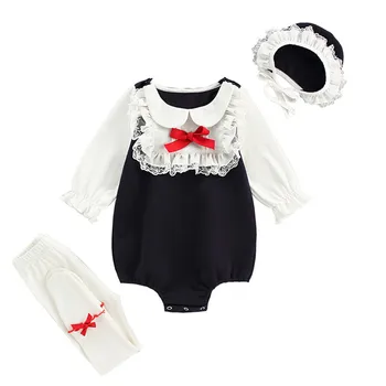 0-24M Baby Meiteņu Kombinezonus+Saspringts+Cepure Pavasaris Peter Pan Apkakli Infant Baby Toddler Meiteņu Drēbes Sunsuit Komplekts