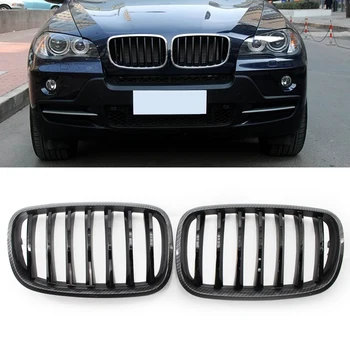 1 Pāris Priekšējā Pārsega Nieres Režģi, Restes Chrome Spīdīgi Melna Oglekļa Šķiedras Faktūras BMW E70 X5 2008. - 2013. gadam