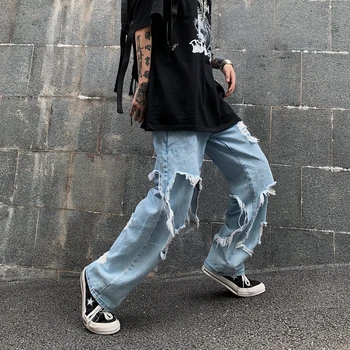 #1523 Melna Zila Nepatiesu Divas Gabals Unisex Džinsi Streetwear Hip Hop Džinsi Iznīcināta Korejas Modes Augsts Viduklis Plats Kāju Džinsi Caurumi