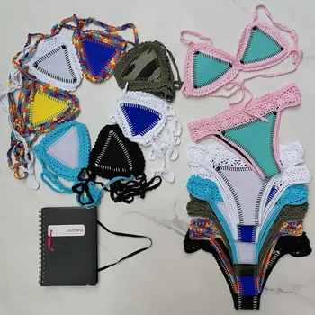 2019 Seksīgas meitenes Bikini Trikotāžas Neoprēna Sieviešu Mežģīņu biquini Brazīlijas sieviešu bikini Peldkostīmi Uzstādīt Peldkostīmu, Pludmales Peldvietu