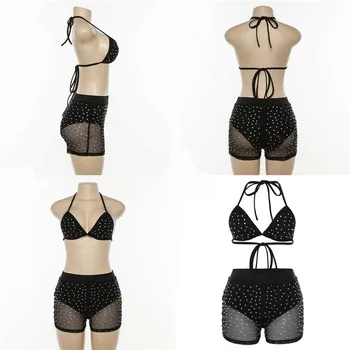2019 Sexy Sievietes Fishnet Babydoll Sleepwear Apakšveļa, Krūšturi Acs Pidžamas Komplekts Rhinestone Milzīgais Pavada Fishnet Krūšturis Augstās Jostasvietas Bikses