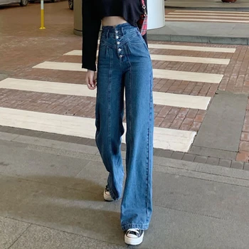 2020. gada pavasara Modes Cietā Augstas Starām. Pogu Džinsa Plaša Kāju Džinsi, Sieviešu Ikdienas vintage Jeans Butt Lift Bikses rudens