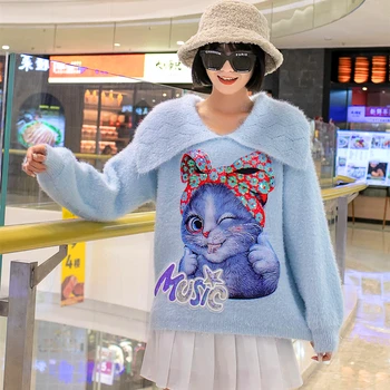 2020. gada rudens un ziemas zaudēt retro lelle apkakles smagā rūpniecība kaķis sequined džemperis slinks stilu mīksto piena džemperis mētelis tendence