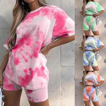 2020. Gadā Tie Krāsošanas T Šorti Sievietēm Divas Gabals, Kas Tye Krāsošanas Sporta Bikses Loungewear Atbilstu Drukas Pamata Skriešanas Femme Jogas Komplekts