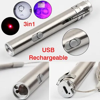 3 in1 500LM Mini USB Lukturīti, Alumīnija Sakausējumu, USB Uzlādējams LED Lāzera Mācīt & UV Lāpu Pen & Lukturīti Daudzfunkciju Lampas