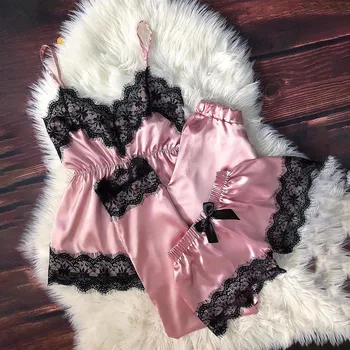 3pcs Mākslīgās Zīda Satīna Pidžamas Komplekts Mežģīņu Kamzolis Topi+Bikses Sievietēm Sleepwear Naktskrekls, Sieviešu Mājas Tērps