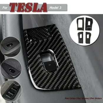 4gab/Set Nekustamā Oglekļa Šķiedras Auto Durvju Logu Pacēlāju Pogu, Uzlīmes, Uzlīmes Tesla Model 3