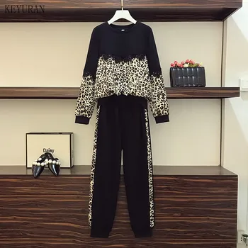 5XL Plus Lieluma Tracksuit Sieviešu Drēbes, Ziemas 2020 Leopards Drukāt ar garām Piedurknēm ar Mežģīņu Krekls un Elastīga Vidukļa Bikses 2 Gabals, kas