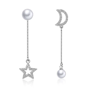 925 Sterling Sudraba Garas Pērļu Auskaru Zvaigžņu Mēness Dizaina Auskari Sievietēm Jaunā Modes Sudraba Rotaslietas