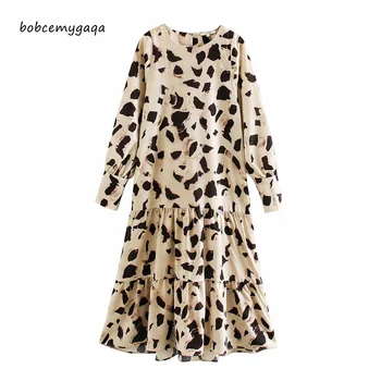 Ar garām piedurknēm dzīvnieku print gara kleita sievietēm o kakla vasaras pavasara gadījuma ruffles leoparda kleita streetwear eleganta kleita dāmas
