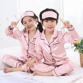 Ar garām Piedurknēm Zīda Pidžamas Meitenēm Zēniem pjs Pavasara Pidžamas Komplekts Zīda Satīna Pijama Bērnu Pidžamas Sleepwear Tērps 6 8 10 12Y