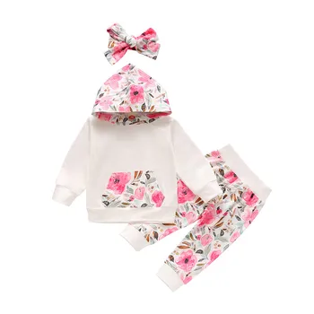 Baby Girl Sporta Komplekti ar garām Piedurknēm ar Kapuci sporta Krekls Hoodies Ziedu Bikses Galvas saiti 3-24M Toddler Bērni Rudenī Gadījuma Tracksuit Apģērbs