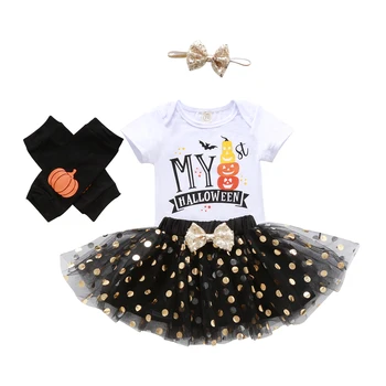 Baby Toddler Meiteņu Apģērbs Ķirbju Drukāt Romper+Priekšgala Tutu Kleita+Galvas+Šķērssvītroto Kāju Siltākas Drēbes, Uzstādīt