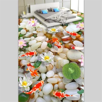 Beibehang Pasūtījuma grīdas apdare glezna 3d-trīsdimensiju oļi 3D lotus karpas grīdas dzīvojamā istabā, pašlīmējošus grīdas