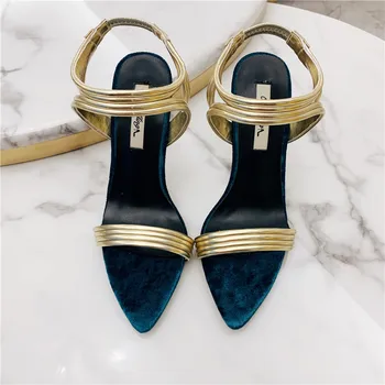 Bezmaksas piegāde modes zila samta, zelta Sprādzes wrap strappy augstpapēžu sandales kurpes 10cm